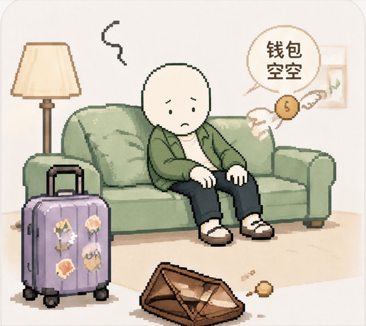 旅行回来后疲惫地坐在沙发上的中性轮廓旅行者