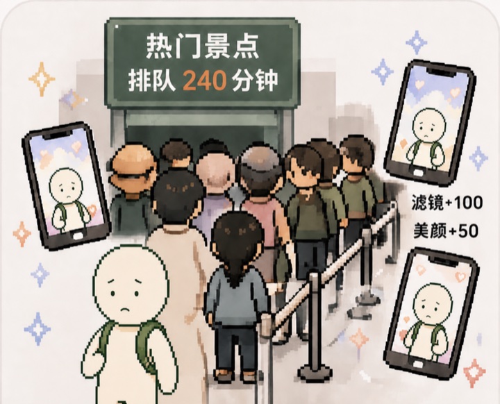 在热门景点排长队的中性轮廓旅行者